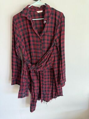 Chrysanthemum Red Black Plaid Flannel Tie Waist Shirt Dress Small Raw Hem
